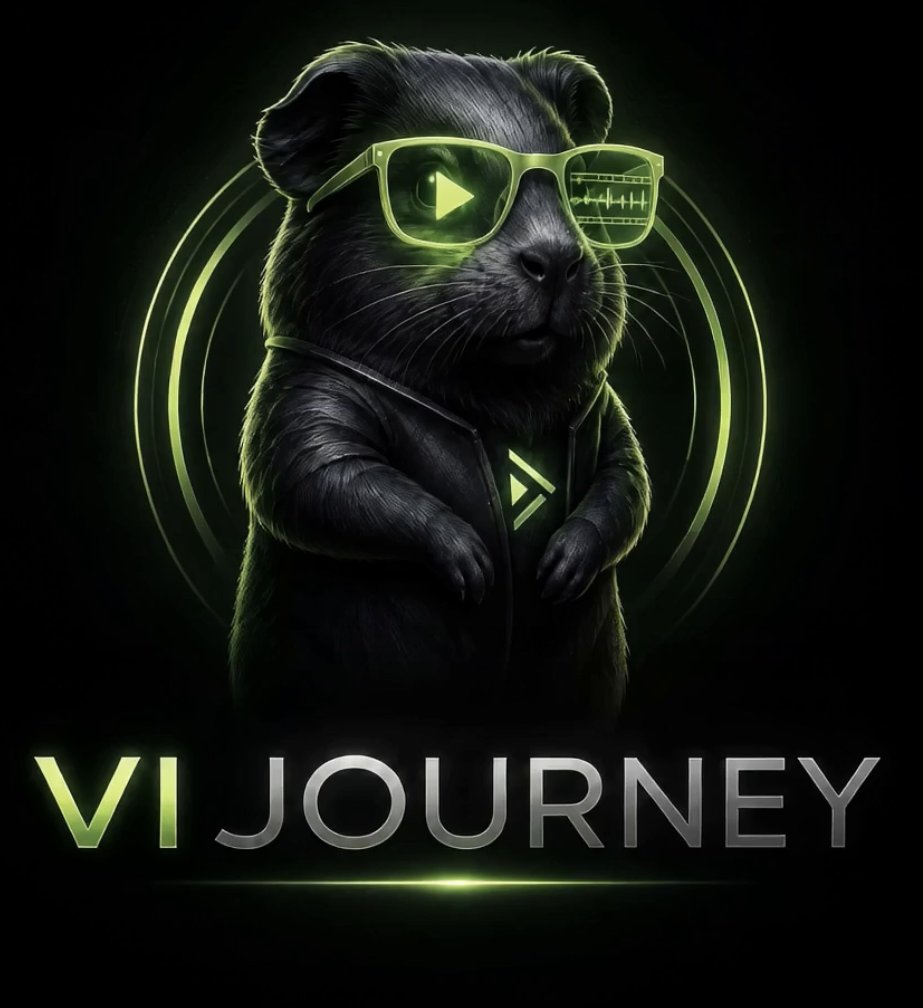 VI Journey’s black guinea pig mascot wearing green glasses with a play symbol and editing timeline